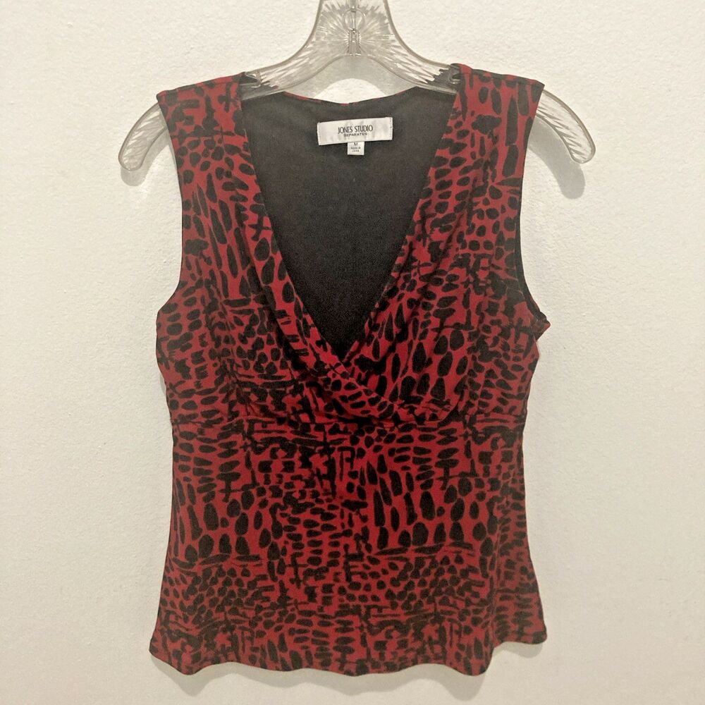 Jones Studio Top M Red Black V-Neck Sleeveless Empire Waist Stretchy